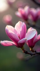 Close up of delicate pink magnolia bloom on branch in spring, blossom, spring, blooming