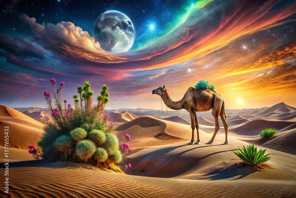 Poster surreal desert camel: dreamlike oasis with floating sands and celestial camel