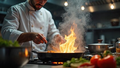 Chef prepares tasty dish in kitchen. Pro cook frying ingredients in pan with fire flame. Cooking food, culinary, gastronomy, healthy eating concept. Dinner meal service. Dish plate preparation.