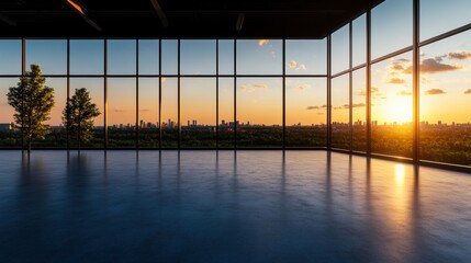 Fototapeta premium Modern minimalist interior design featu floor-to-ceiling with panoramic sunset views over a vibrant cityscape and tree line landscaping