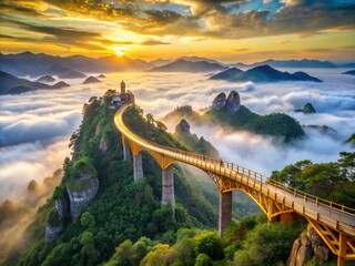 Obraz premium Surreal Golden Bridge Fantasy Landscape, Bana Hills Vietnam, Misty Mountains, Asian Travel