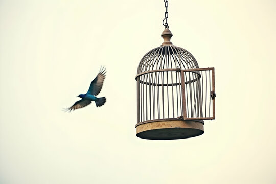 A Hauntingly Beautiful High Contrast Photograph of a Bird Escaping an Open Cage, Symbolizing Freedom, Hope, and Overcoming Obstacles in Life's Journey