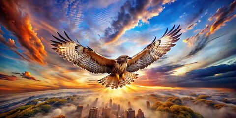 Obraz premium Surreal Hawk Soaring Above Dreamlike Landscape: Mystical Bird of Prey