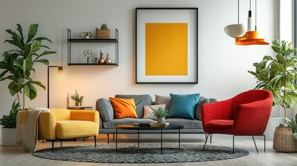 Colorful living room design with mock-up poster frame, black shelf, and vibrant decorative accents