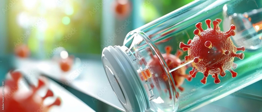 Poster a futuristic-looking scientist in a high-tech laboratory, intently studying a virus sample under a m