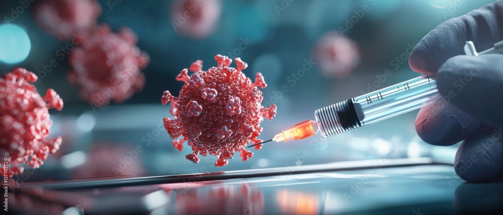 Poster a futuristic-looking scientist in a sterile laboratory setting, closely examining a virus sample und