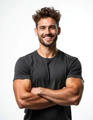 Handsome man with crossed arms. Smiling, cheerful attractive male fitness trainer wearing a grey t-shirt. Healthy lifestyle, sport, training, strength, power, gym, personal coach, happy person. © miss irine