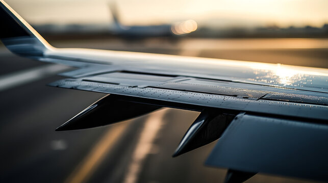 A sleek airplane wing with extended flaps is shown during sunrise while the aircraft waits on the runway.