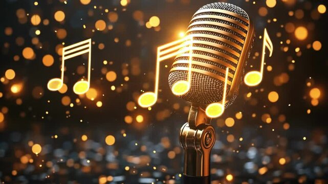 Vintage microphone with glowing musical notes and bokeh lights