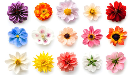 A row of colorful flowers with a white background