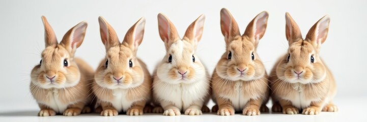 Obraz premium Close-up of five tiny cute bunnies looking directly at camera on white surface, adorable, five, small animals