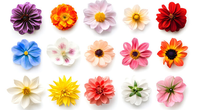 A row of colorful flowers with a white background