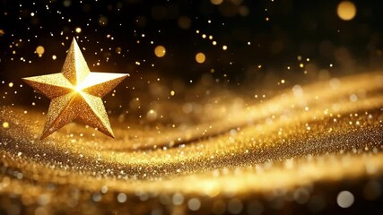 Glowing golden star amidst sparkling particles in a luminous night sky - Powered by Adobe