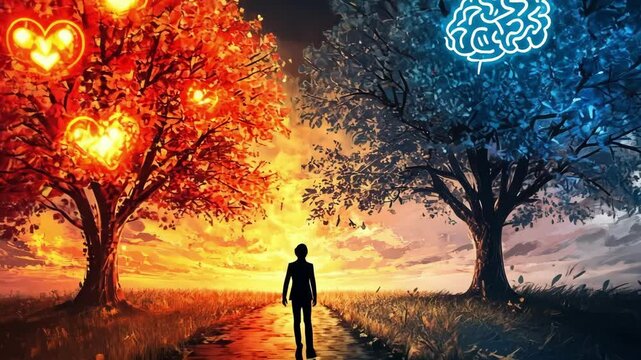 Silhouette walking between fiery tree of hearts and cool tree of brain at sunset