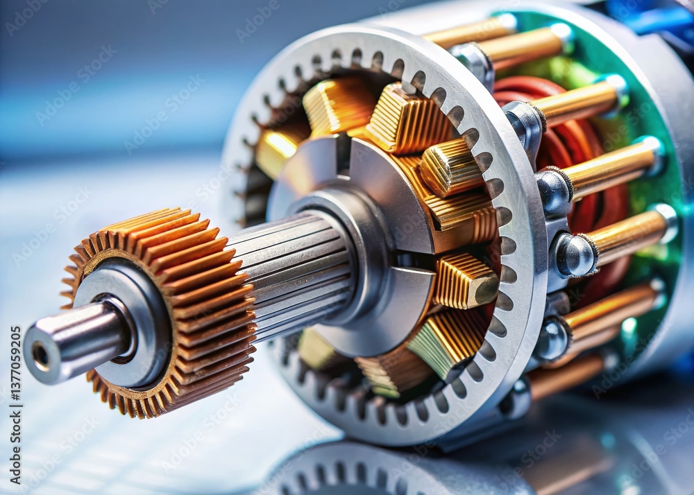 Poster tilt-shift photo: exploded view of electric drive unit components