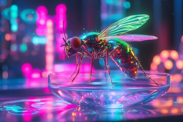 Glowing fruit fly iridescent wing hovers above petri dish swirling neon light holographic projection of genetic structure background surreal scene merges futuristic lab aesthetic intricate biological