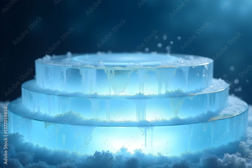 Poster a majestic and intricately carved 3d podium crafted entirely from ice, illuminated with a soft blue 