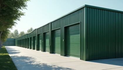 Modern green storage units with large garage doors provide secure self-storage solutions. Clean exterior design, building architecture. Ideal for business, rental, commercial, industrial, logistic,