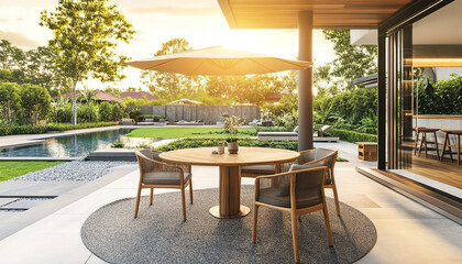 Fototapeta premium An ultra-luxurious outdoor patio space featuring a high-quality teak dining set consisting of a round wooden table and four elegant chairs. The patio is designed for an affluent American lifestyle, wi