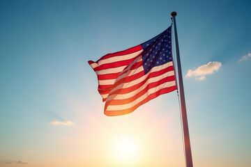A Majestic American Flag Waving Proudly Against a Vibrant Sunrise Sky, A Symbol of Freedom, Patriotism, and National Pride on Independence Day