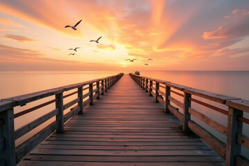 Obraz premium A mesmerizing sunset painting the sky in vibrant hues, captured from a wooden pier stretching into the serene ocean, with seagulls gracefully soaring above, creating a romantic ambiance