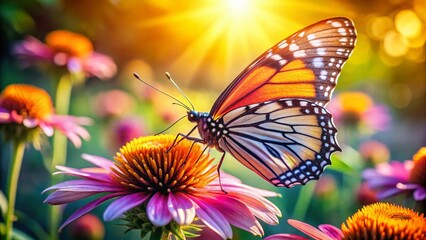 Fototapeta premium Vibrant Butterfly on Flower, Nature Photography, Rule of Thirds Composition