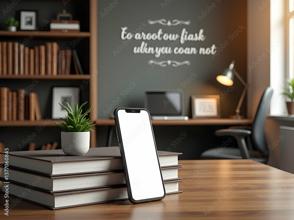 Poster a modern smartphone with a blank screen on a stack of books in a study room, conveying a sense of le