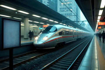 A modern high speed train at the station with a sleek design, captured using slow exposure to emphasize movement and futuristic aesthetic, evokes anticipation and technological advancement
