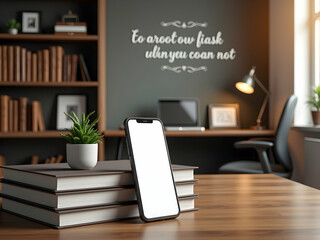 A modern smartphone with a blank screen on a stack of books in a study room, conveying a sense of learning, technology, and connection in a digital age setup