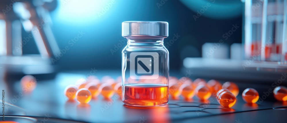 Poster a laboratory setup featuring glass vials filled with glowing liquids, creating an intriguing and sci
