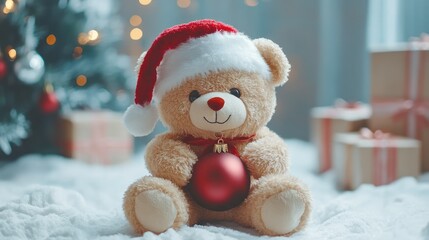 Cute Teddy Bear in Santa Hat Holding Ornament for Holiday Cheer