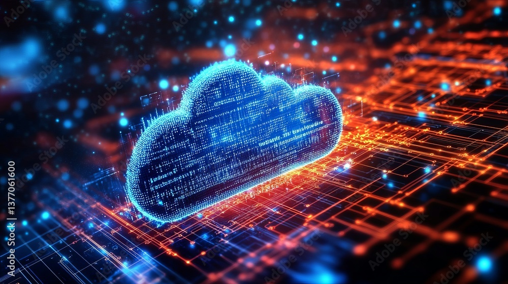 Poster digital cloud computing network technology abstract background blue orange digital data server globa