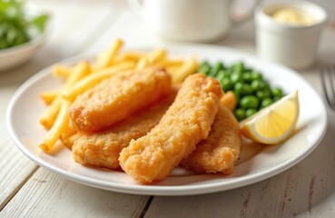 Classic english fish chips meal served with peas lemon slice. Fried battered cod fries potatoes. Traditional british cuisine fast food dish for lunch dinner.