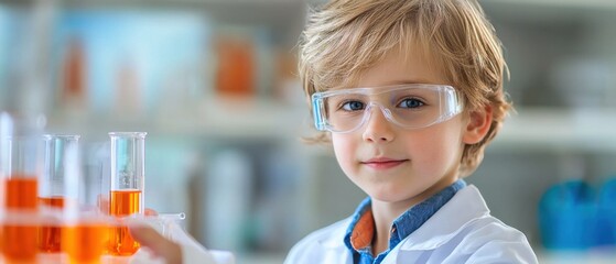 A cheerful young child wearing a lab coat and safety goggles, conducting scientific experiments with various equipment in a well-lit, modern laboratory setting.