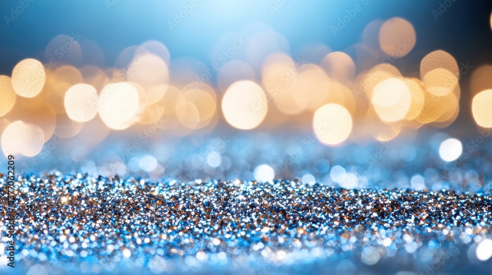 Poster elegant and serene image featuring a soft-focus background of shimmering blue glitter with delicate,