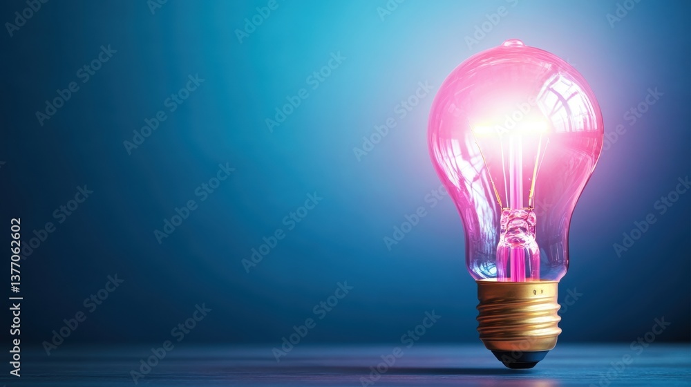 Poster a glowing pink light bulb radiating bright illumination against a dark teal background creating an a