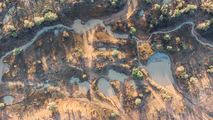 Drone shot of small streams near Bedourie, Diamantina Shire, channel country, Queensland, during...