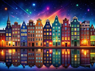 Fototapeta premium Vibrant Night Cityscape: Colorful Buildings and Illuminated Streets