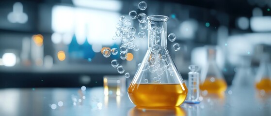 A modern, well-equipped chemistry laboratory with various glassware such as test tubes, beakers, and flasks filled with bubbling, colorful liquids, representing ongoing scientific experiments and rese