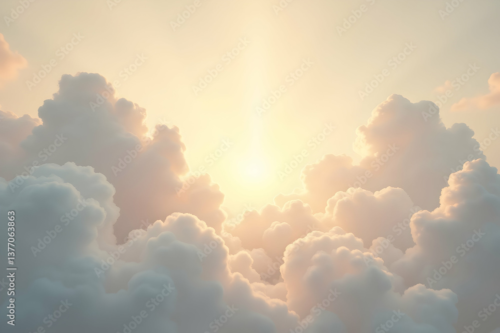 Poster a serene skyward journey, soft billowy cumulus clouds with subtle hints of light creating a dreamlik