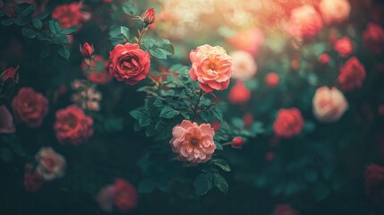 Obraz premium Rose bushes in garden, vibrant blooms, soft sunlight, romantic scene