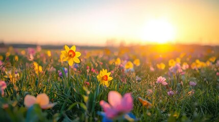Fototapeta premium Colorful wildflowers field at sunset