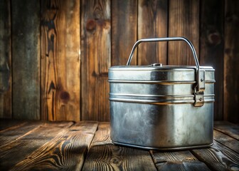 Fototapeta premium Vintage Aluminum Lunch Box, Retro Metal Food Carrier, School Lunch Pail, Empty Container, Nostalgia