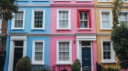 Fototapeta premium Colorful London terraced houses, vibrant facade, street scene, travel, real estate