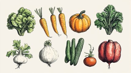 Hand Drawn Vegetable Illustration Collection Fresh Organic Farm Produce Garden Carrots Pumpkins Cucumbers Garlic Onion Tomato Beetroot Greens Healthy Eating Natural Food Illustration Botanical Art    