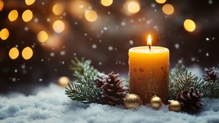 Snowy Winter Candlelight Scene, Festive Decoration, Holiday Background