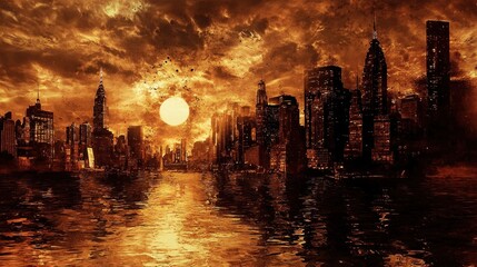 Obraz premium Apocalyptic Cityscape: Fiery Sunset over Submerged Metropolis