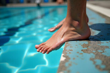 Obraz premium A Swimmer's Aqueous Perspective, Close-Up of Foot at Pool's Edge Showcasing Toes Curled and Muscles Tensed in Anticipation of a Refreshing Dip, Reflecting Sunlight