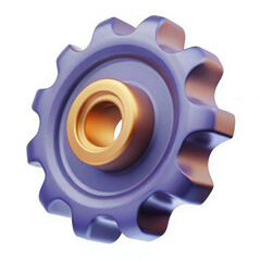 A 3D realistic gear wheel, metallic with high shine, placed on a dark background.