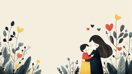 minimalistic illustration of mother's love for her little child,Concept of mother's day, mother's love, relationships between mother and child. , copy space	